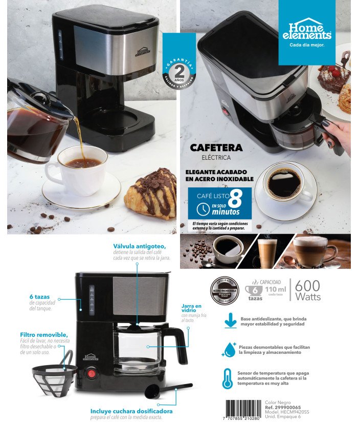 CAFETERA 6 TAZAS NEGRA V/VIDRIO HECM9420SS