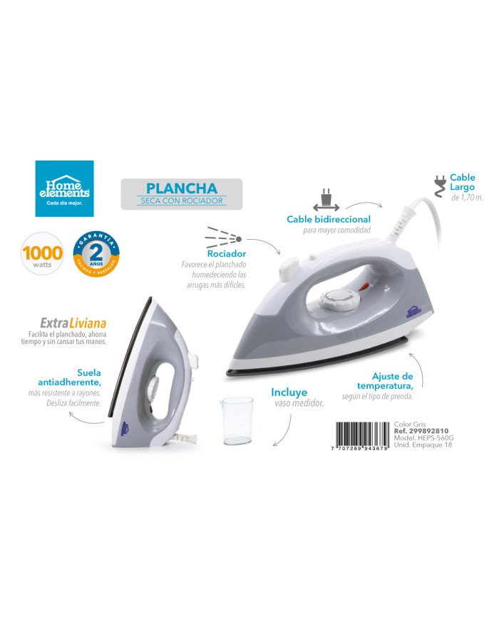 PLANCHA SECA HEPS-560 C/ANTIADHERENTE HOME GRIS