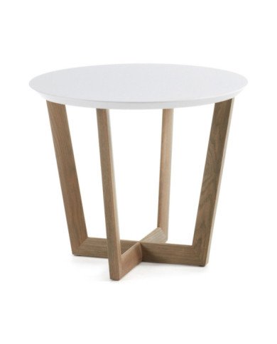 Mesa auxiliar redonda con estructura de madera de roble patina gris. Sobre en tablero de fibra de madera lacada mate.