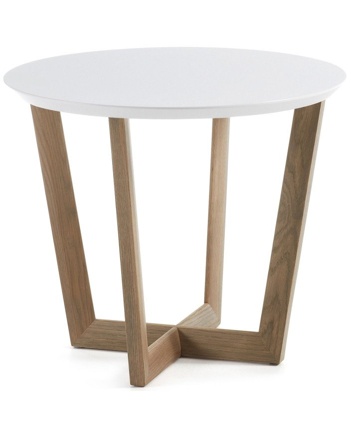 Mesa auxiliar redonda con estructura de madera de roble patina gris. Sobre en tablero de fibra de madera lacada mate.